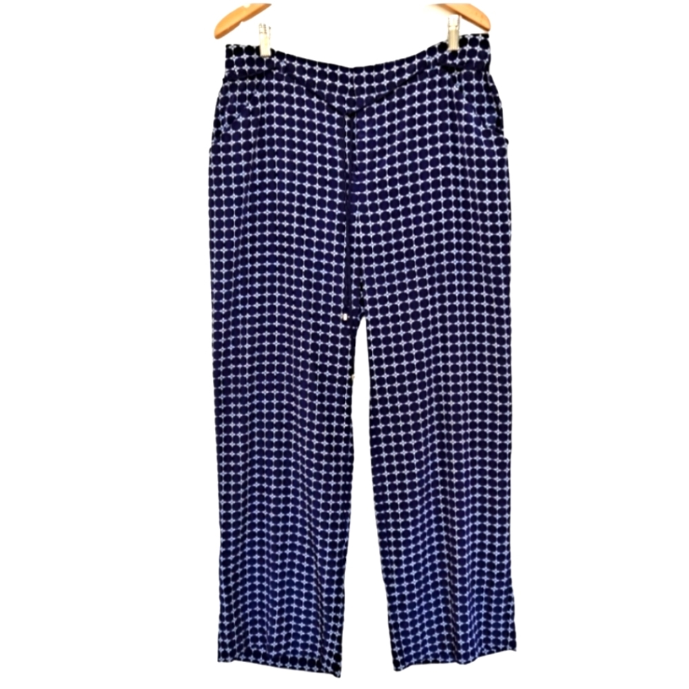 New Adrianna Papell Navy White Printed Casual Flowy Wide Leg Pants Size Large